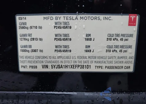 2014 Tesla Model S P85 из США, поврежденный, VIN 5YJSA1H1XEFP38101